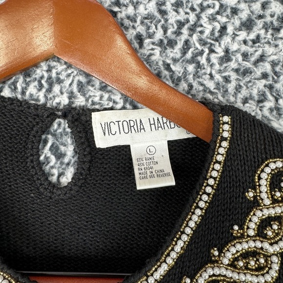 Victoria Harbour Vintage Sweater Black Knit Pullover Beige Gold Bead Design Sz L - Picture 3 of 16